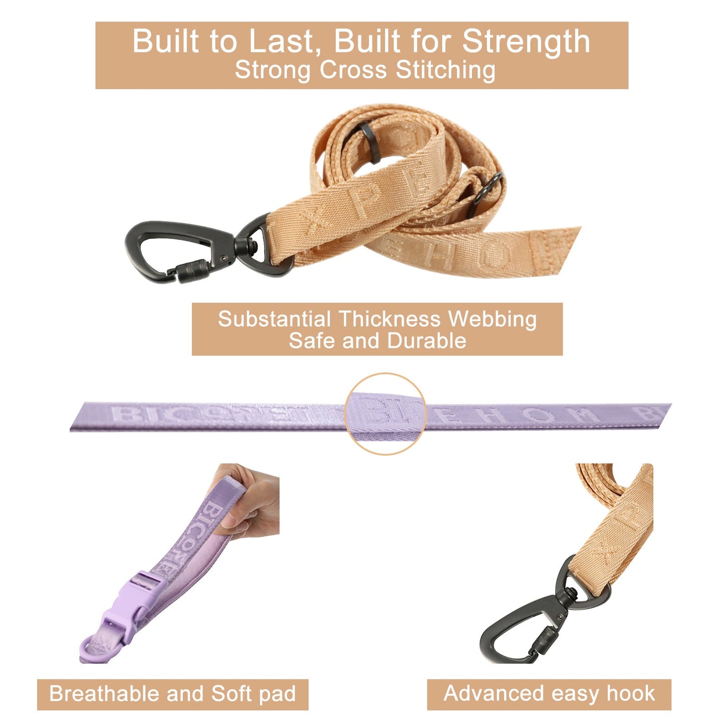 Detail of robust metal swivel hook and reinforced cross-stitching on apricot leash