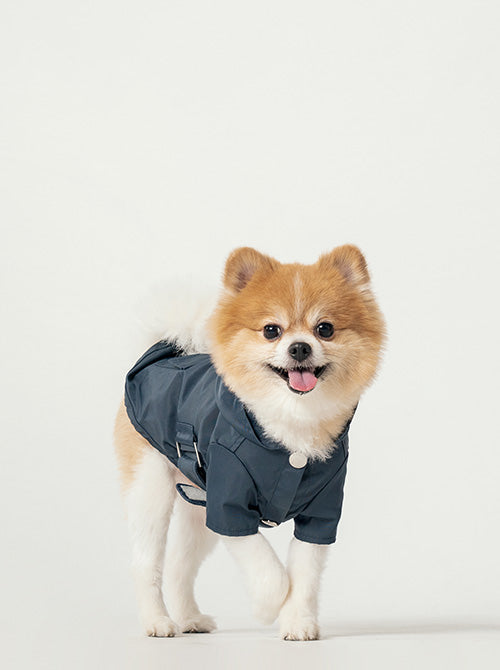 Front view of PEHOM Blue Bowery dog raincoat with snap closure and hood