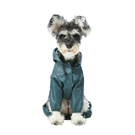Front view of PEHOM blue full covered waterproof dog raincoat with leg sleeves