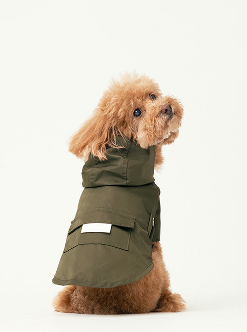 Front view of forest green water-repellent dog raincoat