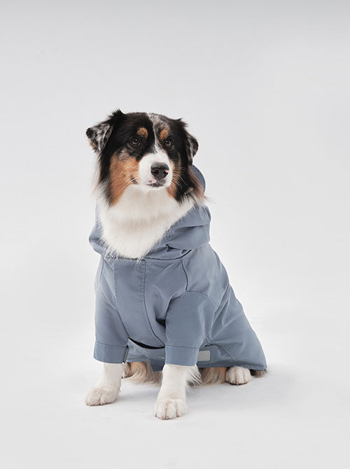 Front view of PEHOM light blue adjustable dog raincoat with hood