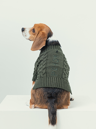 Close up of embroidered PEHOM logo on the back of the dark green cardigan