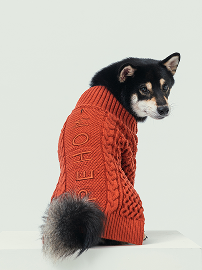 Close up of embroidered PEHOM logo on the back of the orange cardigan