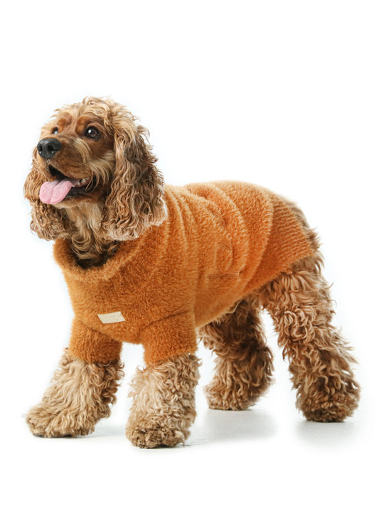 Front view of PEHOM orange Eskimo fuzzy dog sweater made of soft sherpa fleece