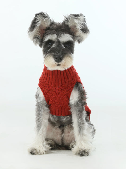 Front view of PEHOM red knit dog sweater vest with ribbed V-neck