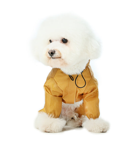 Front view of PEHOM yellow full covered waterproof dog raincoat with leg sleeves