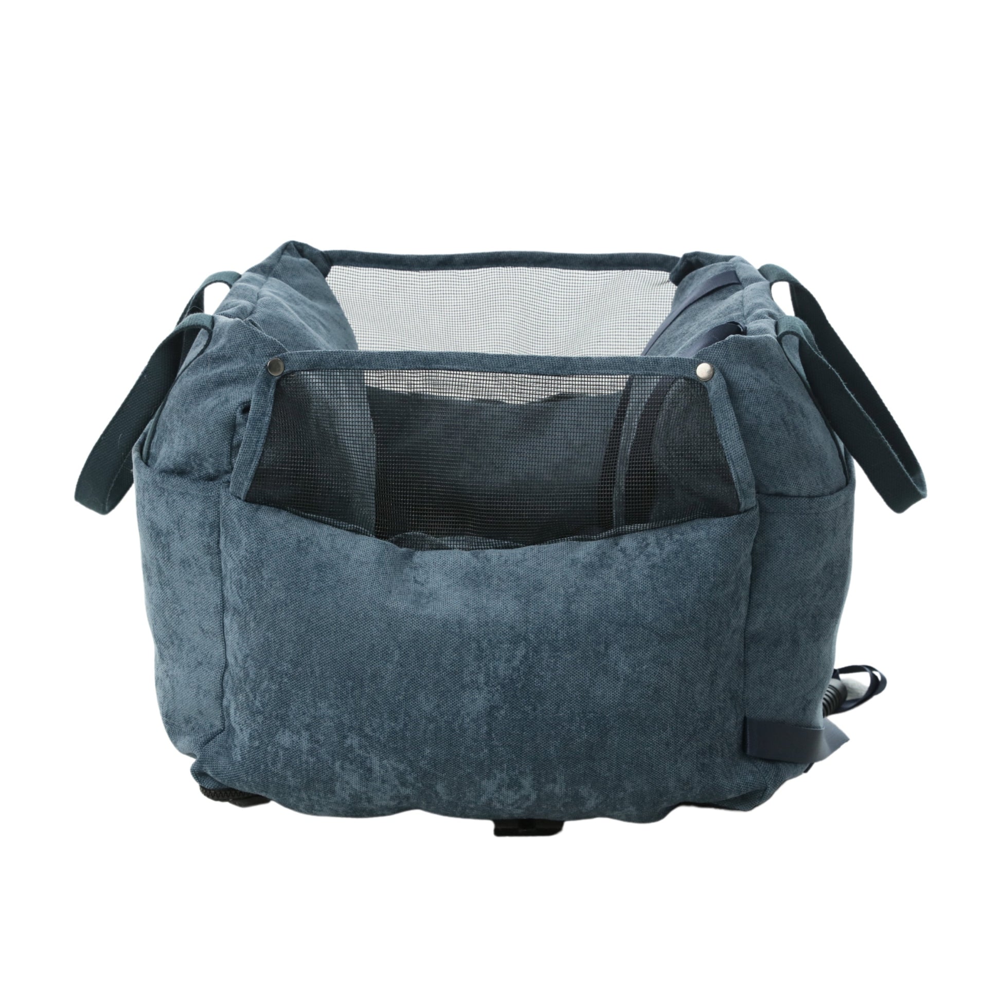 Close up of water-repellent puff fabric and soft interior of the blue dog car bed