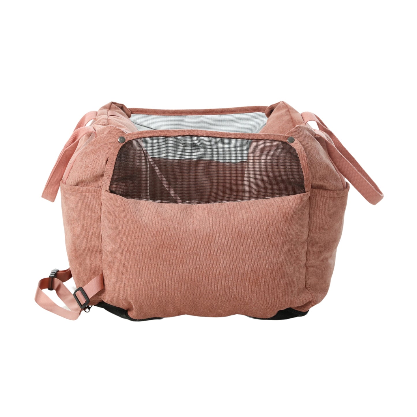 Close up of water-repellent puff fabric and soft interior of the pink dog car bed